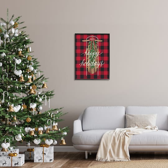 Stupell Industries Happy Holidays Tartan Sled Framed Giclee Art